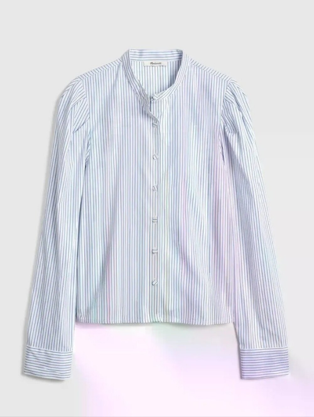 Madewell Puff-Sleeve Button-Up Mandarin Collar Shirt In Blue/White Stripe XL